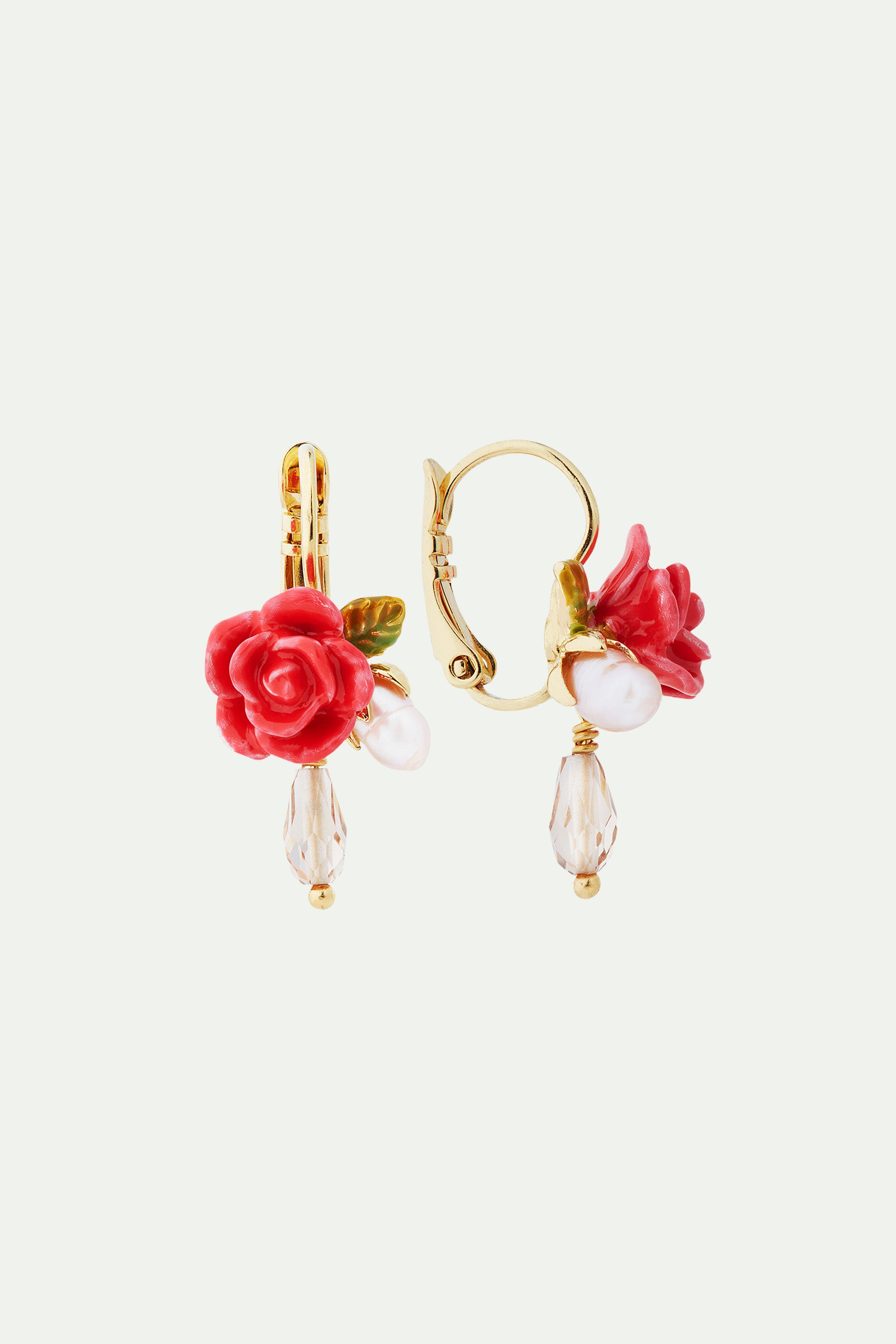Rose, cultured pearl and glass drop sleeper earrings
