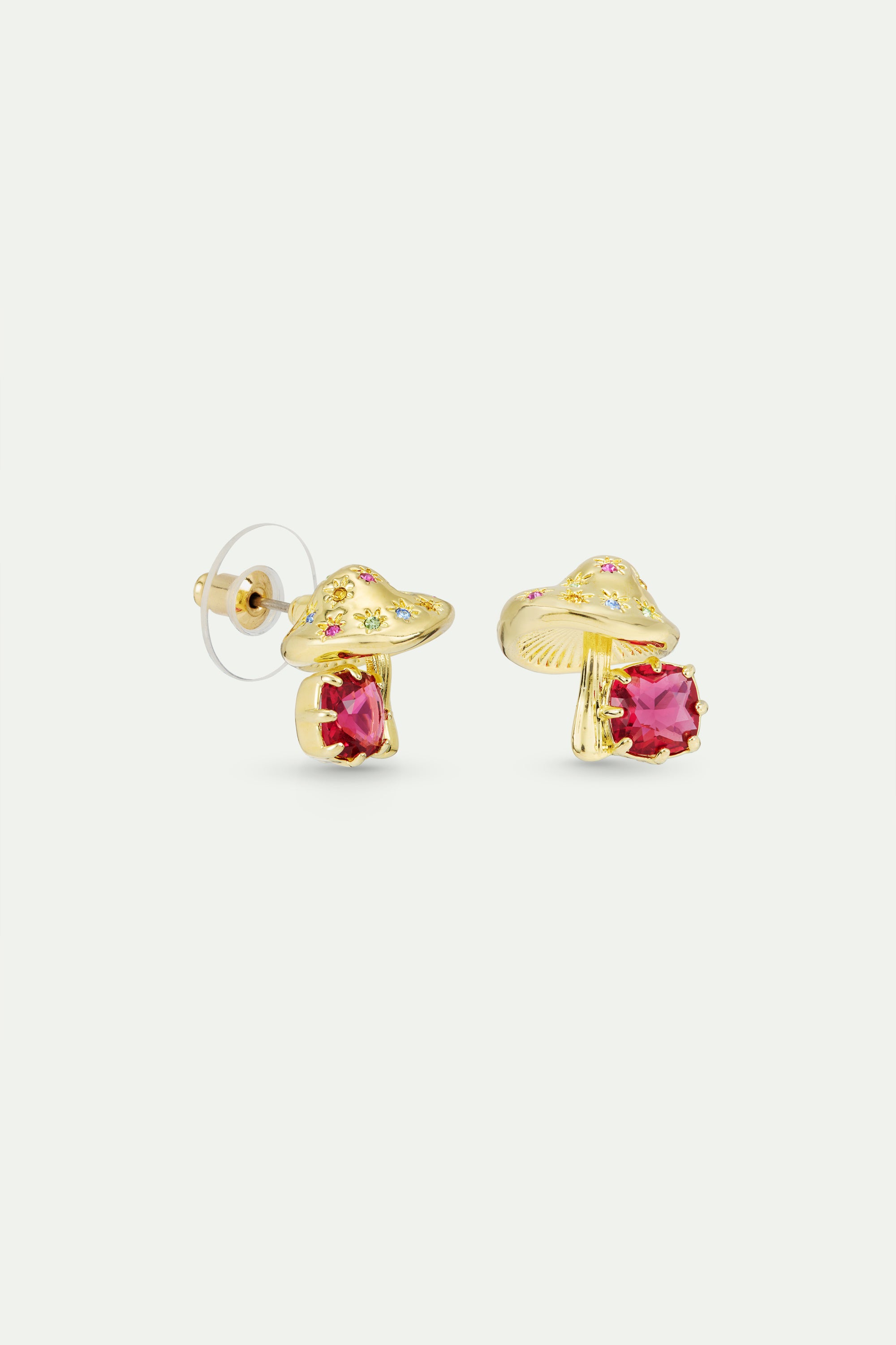 Boucles d'oreilles champignon doré et pierre facettée rose