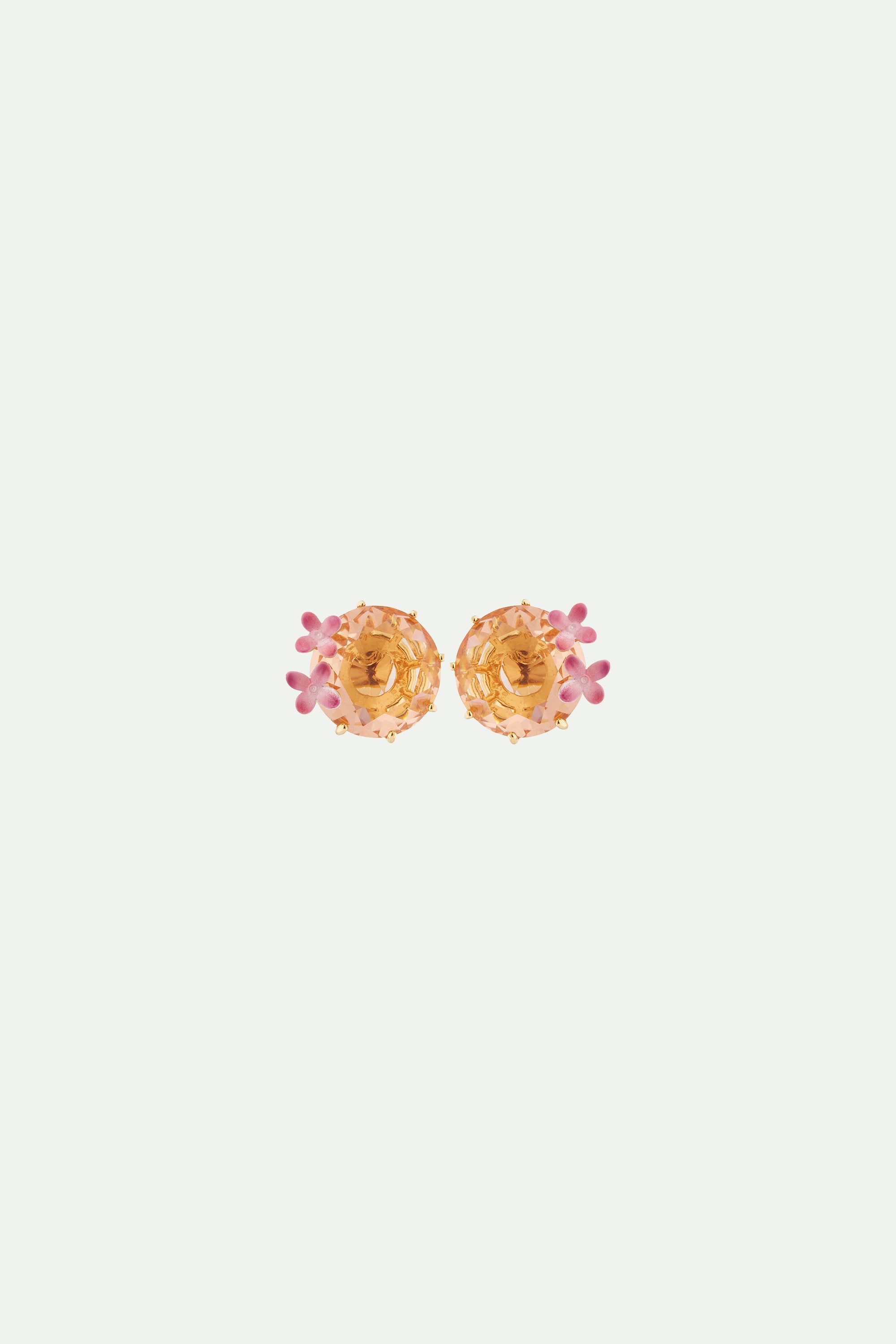 Boucles d'oreilles tiges fleurs et pierre ronde la diamantine rose abricot