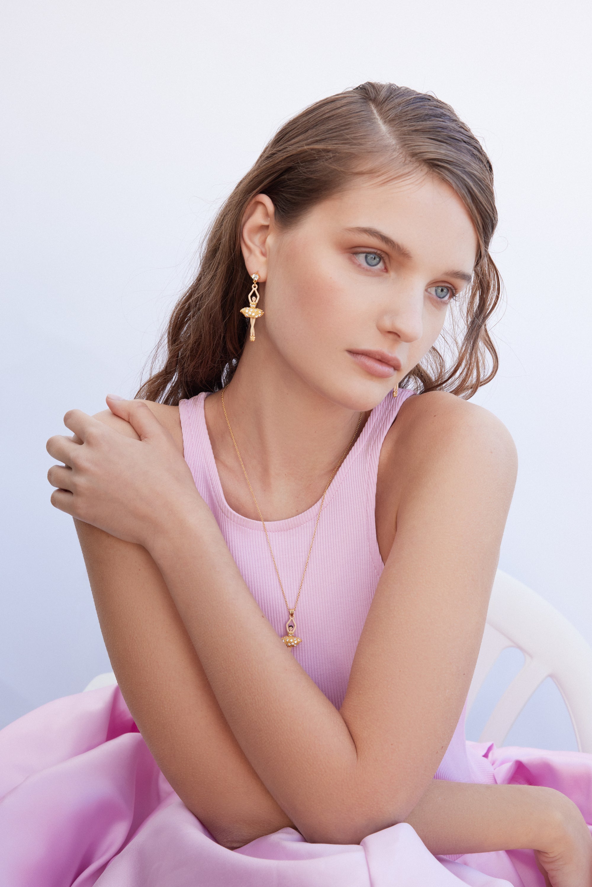 Ballerina earrings with gold beads and crystals