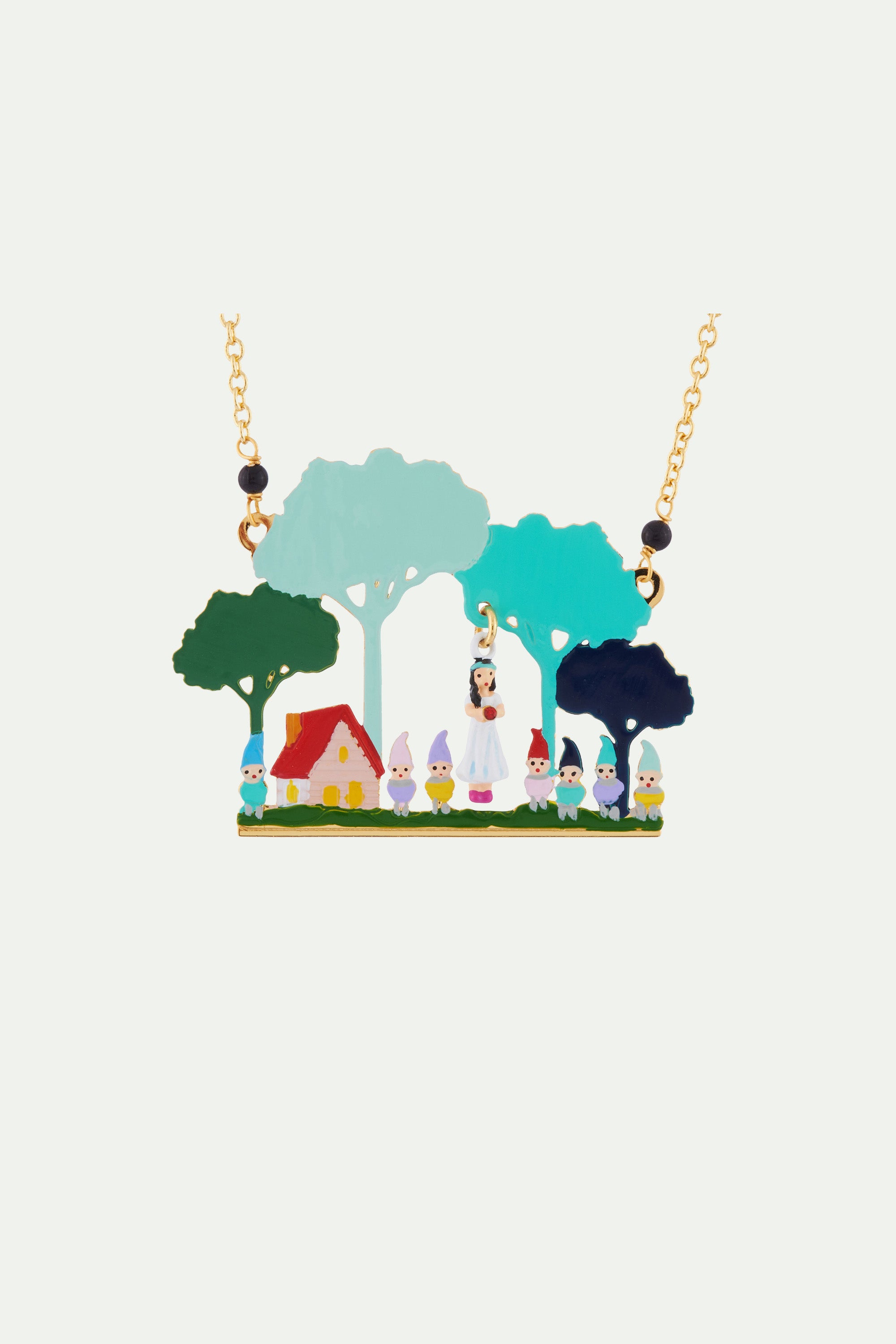 Snow White and the 7 dwarfs in front of their cottage necklace