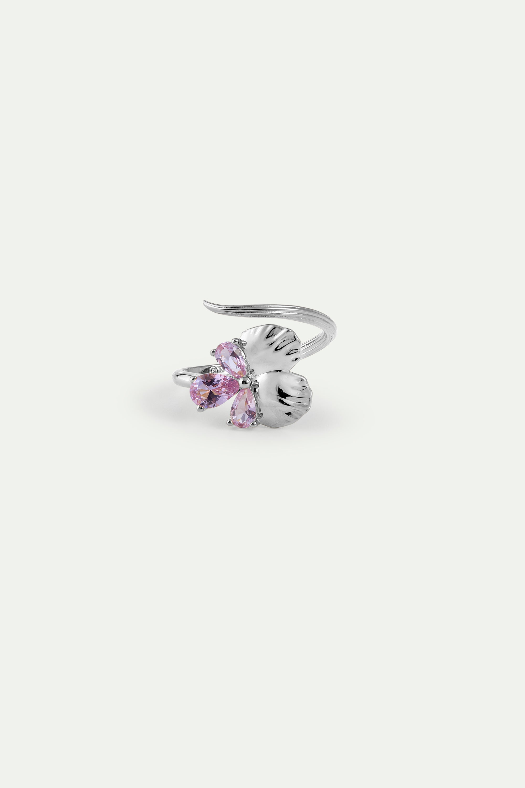 Bague ajustable argentée fleur de pensée et pierres roses