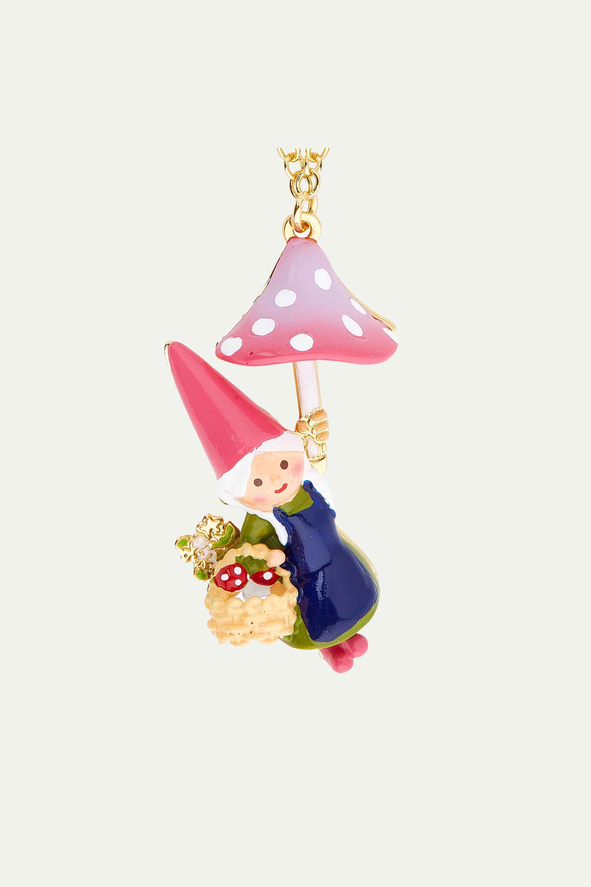 Garden gnome lady and mushroom picking pendant necklace