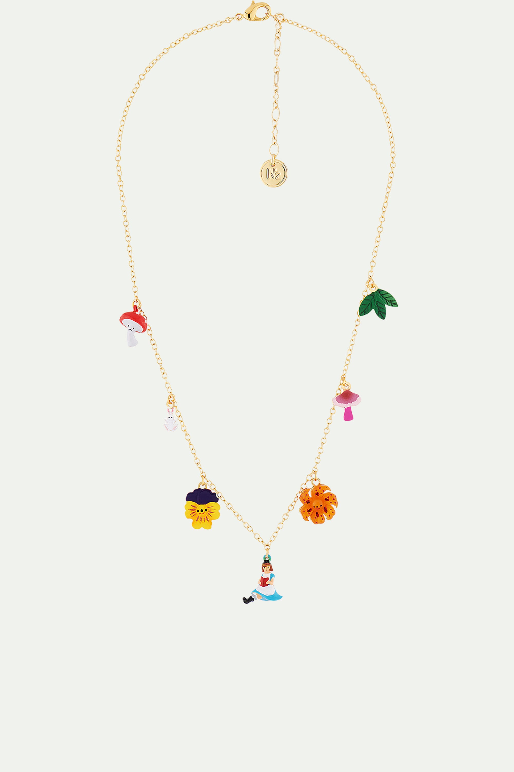 Alice, Flowers, Mushrooms and White Rabbit Thin Necklace